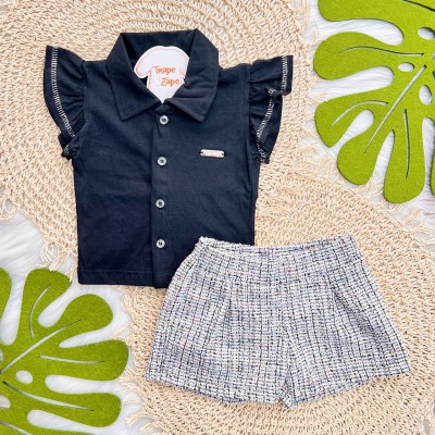 Conj. Camisa com Botões e Short Tweed - Preto